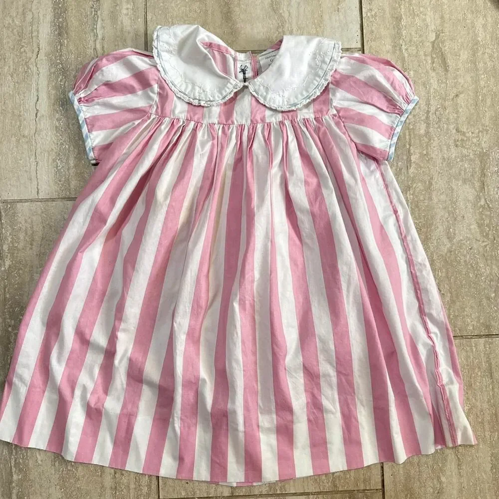 Vtg Strasburg Children Pink White Striped Dress 4T Peter Pan Collar Cottage